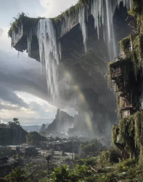 overgrown postapocalyptic ruins, birds in the sky, a rainbow, waterfall : : close shot : : 3 5 mm, realism, octane render, 8 k, exploration, cinematic, trending on artstation, realistic, 3 5 mm camera, unreal engine, hyper detailed, photo - realistic maximum detail, volumetric light, moody cinematic epic concept art, realistic matte painting, hyper photorealistic, concept art, volumetric light, cinematic epic, octane render, 8 k, corona render, movie concept art, octane render, 8 k, corona render, cinematic, trending on artstation, movie concept art, cinematic composition, ultra - detailed, realistic, hyper - realistic, volumetric lighting, 8 k