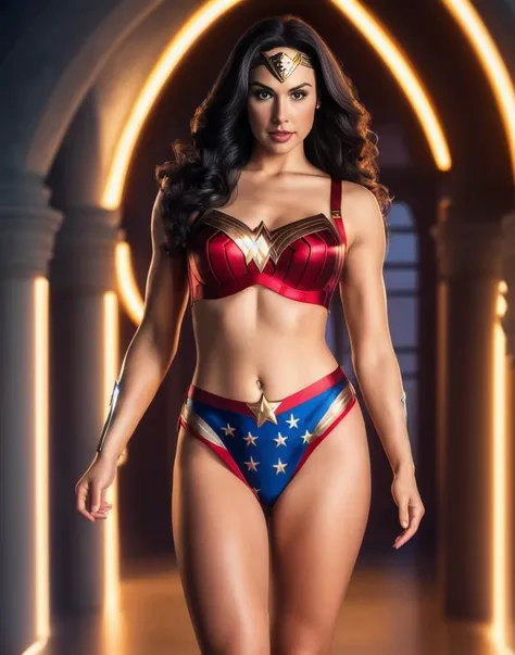 female dressed as wonder woman, lingerie, starship background, (((full body visible))), looking at viewer, portrait, photography, detailed skin, realistic, photo-realistic, 8k, highly detailed, full length frame, High detail RAW color art, piercing, diffused soft lighting, shallow depth of field, sharp focus, hyperrealism, cinematic lighting