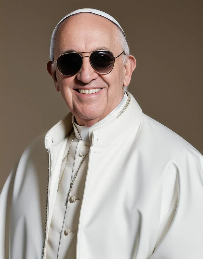 well lit fashion shoot of Pope Francis smiling, sunglasses, wearing a white inflatable oversized jacket designed by yeezy and balenciaga, sharp focus, clear, intricate, cinematic, glamourous, symmetrical, soft lighting, indirect lighting, vogue, editorial, fashion, full body