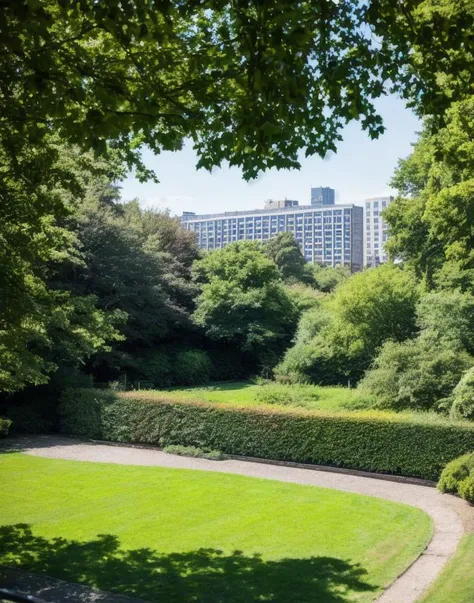 view from window, yard with large buildings, sunny day, trees and bushes, still, 80mm lens, masterpiece, best quality, (film grain:1.1), ultra high res, RAW