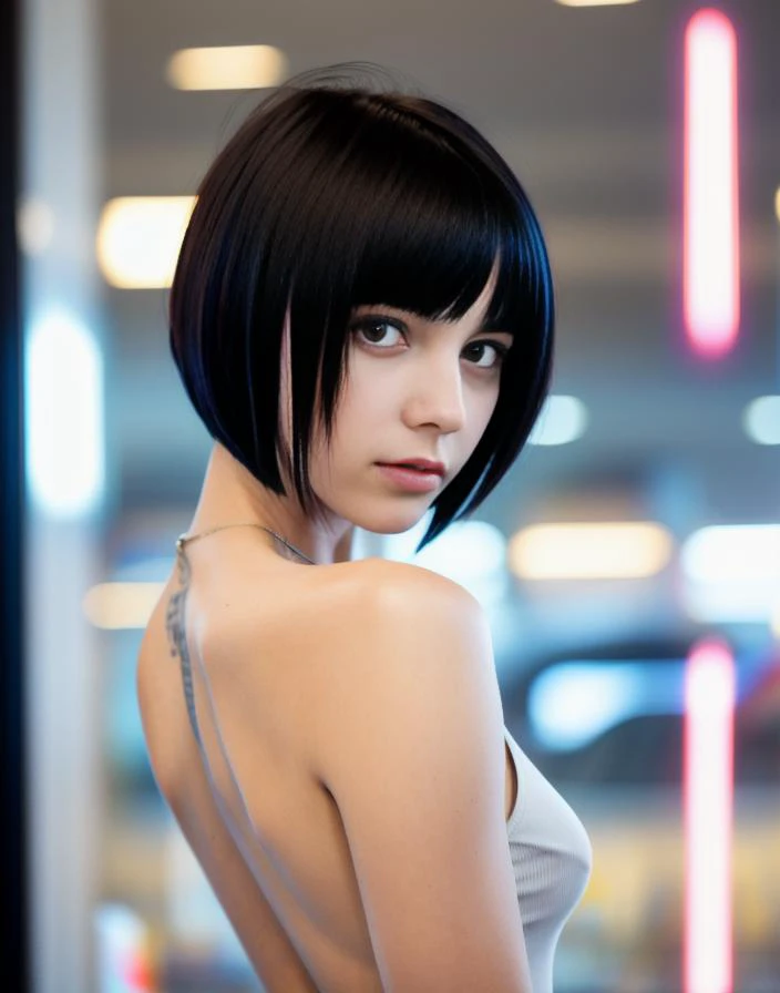 portrait photo of a stylish beautiful girl in a future convenience store, asymmetric hair cut, cyberpunk aestethic, heavenly beauty, 8k, 50mm, f/1. 4, high detail, sharp focus, cowboy shot, perfect anatomy, arms behind back, sunshine on her face, sunset, window side