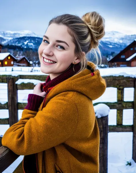 (masterpiece:1. 3), RAW portrait, beautiful german woman, 24 years old, leaning on wood railing in (snowy village:1. 2), messy bun, (smiling:1. 1), (winter clothing:1. 2), (full body:1. 1), snowy mountains in background, detailed face, natural skin, freckles, (best_quality:1. 3), (ultra_detailed:1. 3), 8k, extremely_clear, realism, (ultrarealistic:1. 3), cinematic lighting, highres, (Hasselblad:1. 3), professional color grading, film grain, [(ultrarealistic:1. 2) : (adobe lightroom:1. 2):. 3], (long shot:1. 3), kkw-ph1 <lora:add_detail:0. 6>