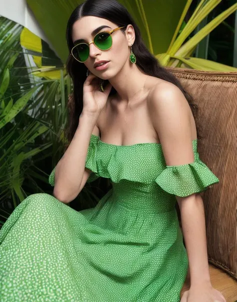 The photograph depicts a woman wearing a beautiful green dress. It appears to be an album cover and may have been inspired by the work of photographer Elsa Bleda. The woman is wearing a pair of Ray-Ban glasses and neon sunglasses, which add a pop of color to her outfit. Her dress is skintight and features color blocking, a trendy fashion technique. This long dress is perfect for a female lounge, and the model is wearing green jewelry to complement the dress. The picture was likely taken at a resort and was captured by the talented photographer Julian Ope. The woman in the photo bears a resemblance to the musician Dua Lipa or the actress Stoya