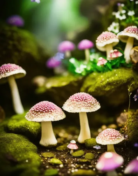 crystal cave, flowers, fairy mushroom, little fairys fly around, magic, photo realistic, ambiente light, film grain, hollywood cinematic