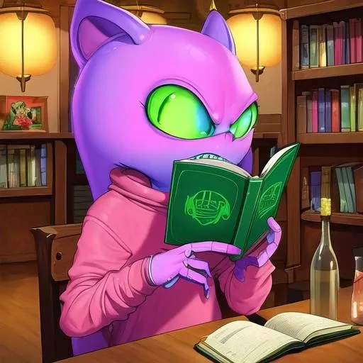 Evang, masterpiece, an Alien sitting in a library reading a book, pink sweatshirt, best quality, wallpaper, HDR, high quality, high-definition, extremely detailed, (beautiful interior), (beautiful detailed eyes), (detailed light) bioluminescent eyes