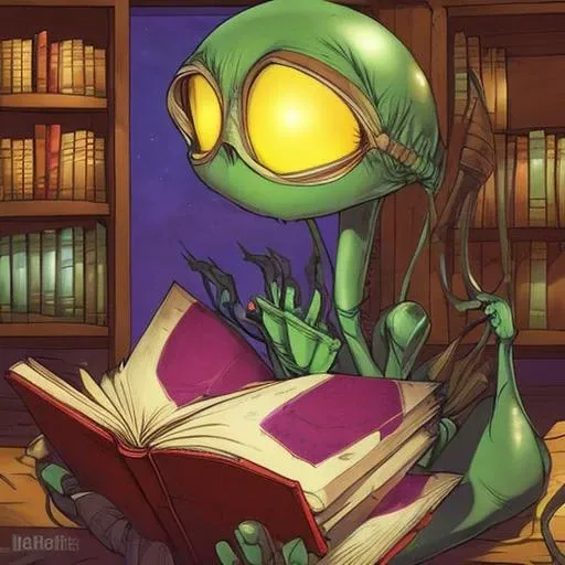 evang, masterpiece, an Alien sitting in a library reading a book, sweatshirt, best quality, wallpaper, HDR, high quality, high-definition, extremely detailed, (beautiful interior), (beautiful detailed eyes}, (detailed light),