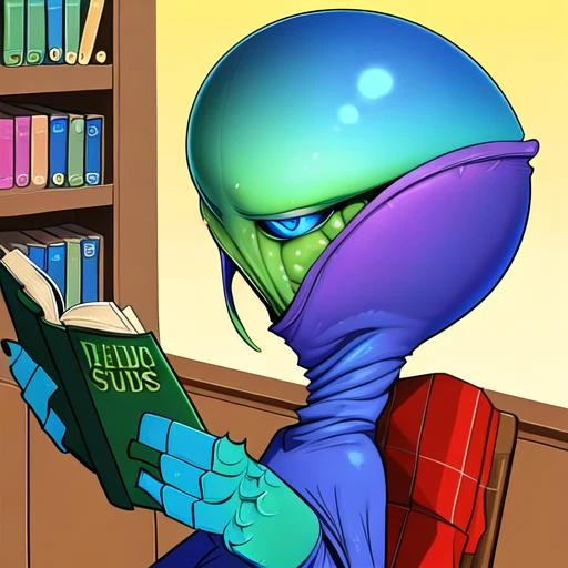 evang, masterpiece, an Alien sitting in a library reading a book, sweatshirt, best quality, wallpaper, HDR, high quality, high-definition, extremely detailed, (beautiful interior), (beautiful detailed eyes}, (detailed light)