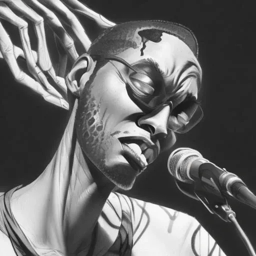 evang, A close-up portrait capturing the raw emotion and intensity of a musician lost in the moment, with intricate details revealed in shades of black and white.