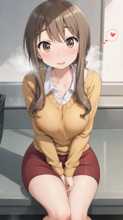 masterpiece, best quality, highres, BREAK,
, <lora:matsumoto_yoriko:0.8>,aayoriko,long hair,ponytail,sidelocks,bangs,schash,
(orange sweater:1.1),collared shirt,long sleeves,red skirt,pencil skirt,
, BREAK
(spoken hearts:1.1),(sweat:0.8),(deep breathe:1.2),(steam:1.1) , looking at viewer
,blush,
BREAK
,bewildered face,gaming shopping mall evening, , art deco, swish pan, sitting, knees