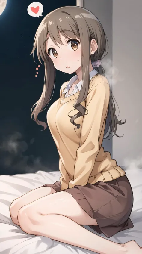 masterpiece, best quality, highres, BREAK,
<lora:matsumoto_yoriko:0.8>,aayoriko,long hair,ponytail,sidelocks,bangs,schash,
(orange sweater:1.1),collared shirt,long sleeves,
(spoken hearts:1.2),(sweat:0.7),(deep breathe:1.2),(on bed:1),(steam:1.2) ,, looking at viewer
,(disheveled hair:1.1),(moonlit room:1.1),(soft bed linens:1.1)