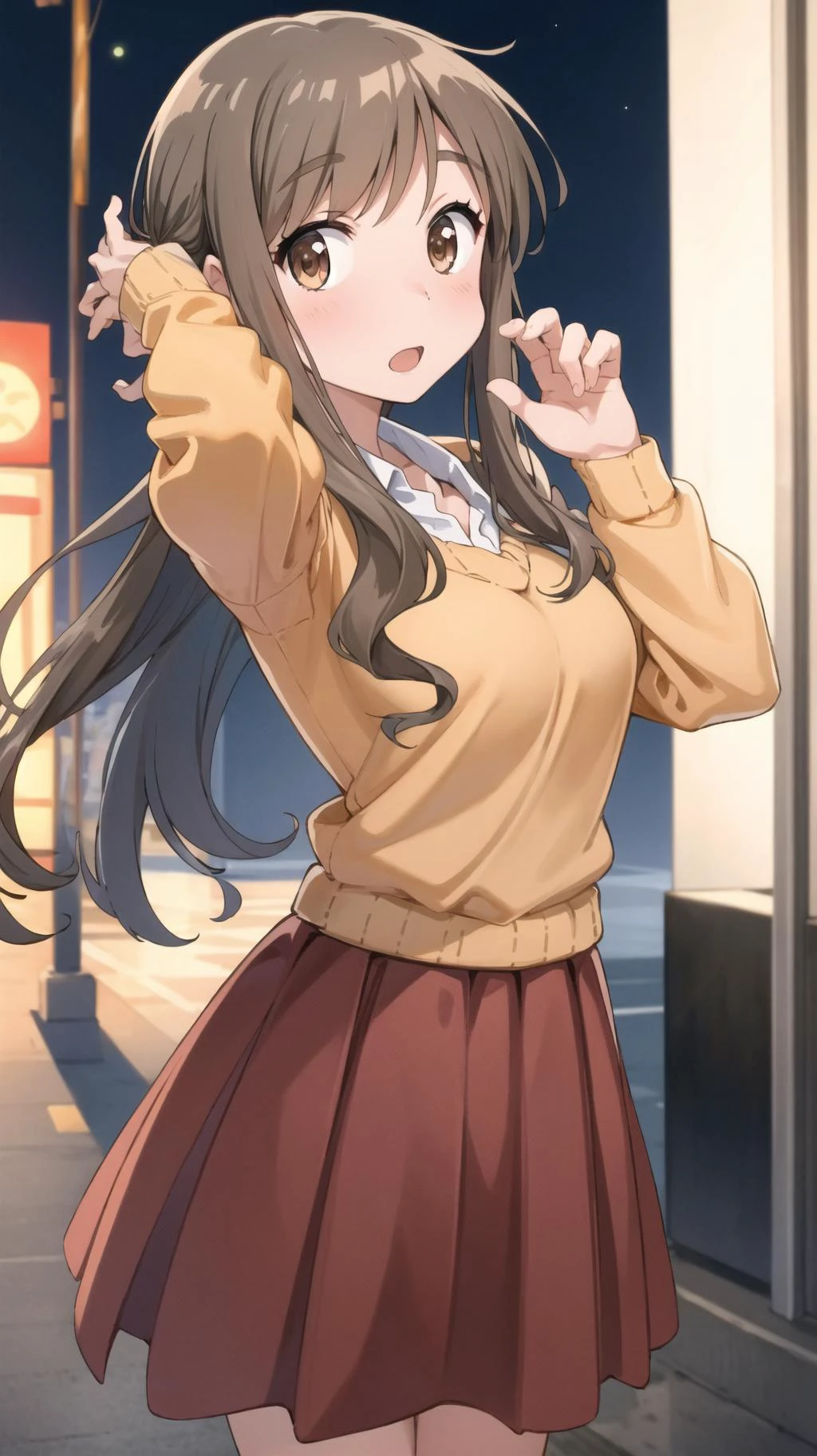 masterpiece, best quality, highres, BREAK,
<lora:matsumoto_yoriko:0.8>,aayoriko,long hair,ponytail,sidelocks,bangs,schash,
(orange sweater:1.1),collared shirt,long sleeves,red skirt
, BREAK
,fascinated face,new downtown nighttime, , jade, panoramic shot, hair flipping,, armpits,