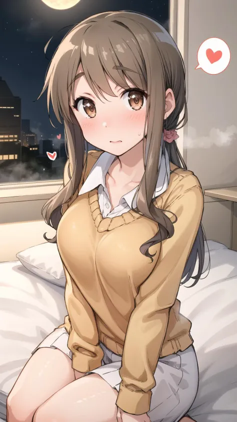 masterpiece, best quality, highres, BREAK, <lora:matsumoto_yoriko:0.8>,aayoriko,long hair,ponytail,sidelocks,bangs,schash,
(spoken hearts:1.2),(sweat:0.7),(deep breathe:1.2),(on bed:1),(steam:1.2) ,(presenting:1.3), looking at viewer
,(disheveled hair:1.1),(moonlit room:1.1),(soft bed linens:1.1),(blush:1.1), sitting,
(orange sweater:1.1),collared shirt