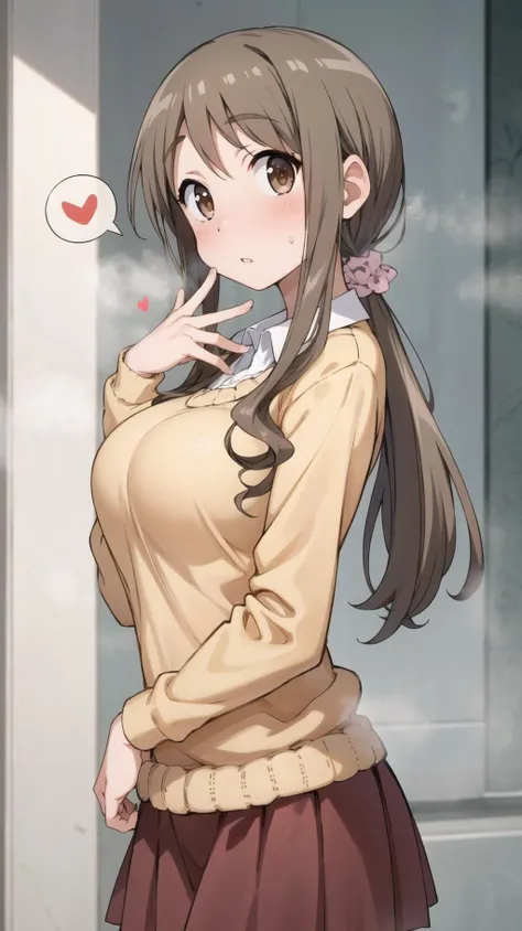 masterpiece, best quality, highres, BREAK, <lora:matsumoto_yoriko:0.8>,aayoriko,long hair,ponytail,sidelocks,bangs,schash,
(spoken hearts:1.2),(sweat:0.7),(deep breathe:1.2),(steam:1.2) ,(presenting:1.3), looking at viewer
,(disheveled hair:1.1),(blush:1.1),
BREAK
,
(orange sweater:1.1),collared shirt ,skirt