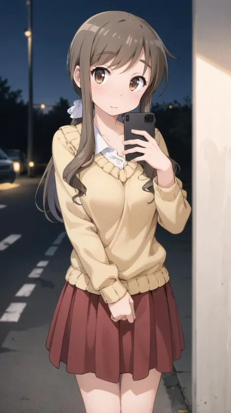masterpiece, best quality, highres, BREAK,
<lora:matsumoto_yoriko:0.8>,aayoriko,long hair,ponytail,sidelocks,bangs,schash,
(orange sweater:1.1),collared shirt,long sleeves,red skirt
, BREAK
,caring face,chinese fortresses midnight, , exotic, , selfie,(looking at viewer:1.1), knees,
