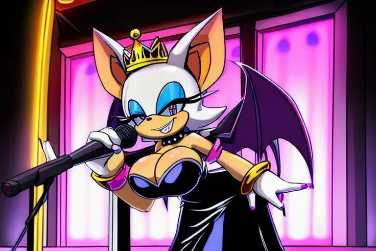 <lyco:MegaMilkV1-20:1.0>,  poseMega, 1girl, breasts, super crown, collar, spiked collar, spiked bracelet, spikes, horns, large breasts, bracelet, crown, ponytail, long hair, smile, jewelry, teeth, nail polish, grin, black_dress, leaning_forward, microphone, holding microphone, singing, stage, neon lights, best quality, masterpiece, highres, red eyes, Rouge the bat, bat ears, bat wings, white hair, blue eyeshadow