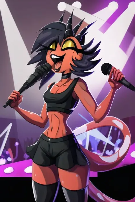 millie, red skin, red tail, <lora:v1Stripper-15:1>, microphone, holding microphone, singing, stage, stage lights