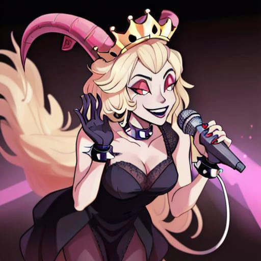<lyco:MegaMilkV1-20:1.0>, poseMega, 1girl, breasts, super crown, collar, spiked collar, spiked bracelet, spikes, horns, large breasts, bracelet, crown, ponytail, long hair, smile, jewelry, teeth, nail polish, grin, black_dress, leaning_forward, microphone, holding microphone, singing, stage, neon lights, best quality, masterpiece, highres, red eyes, (Lilith), (grey/gray skin, grey sclera, long blonde hair, white iris, demon horns, makeup)