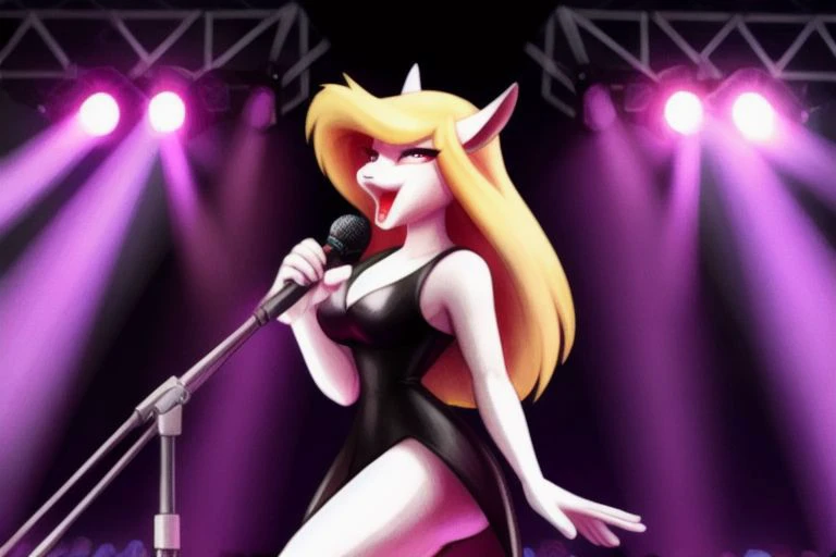minerva, microphone, holding microphone, singing, stage, stage lights