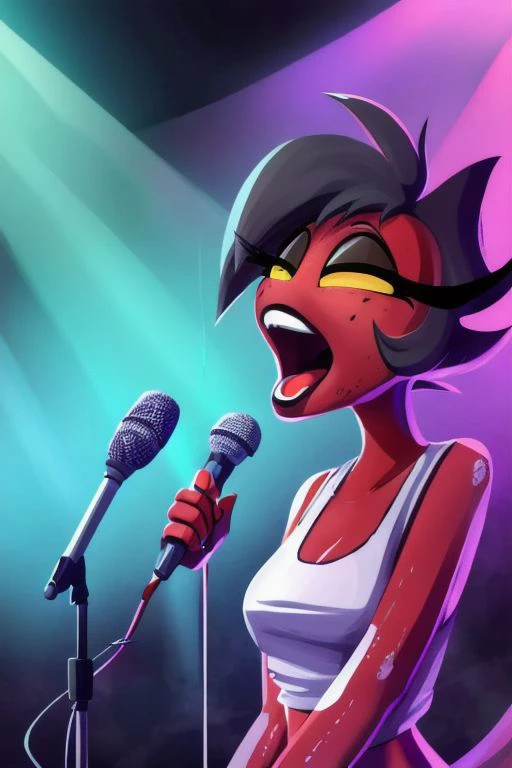 millie, red skin, red tail, <lora:v1Stripper-15:1>, microphone, holding microphone, singing, stage, stage lights