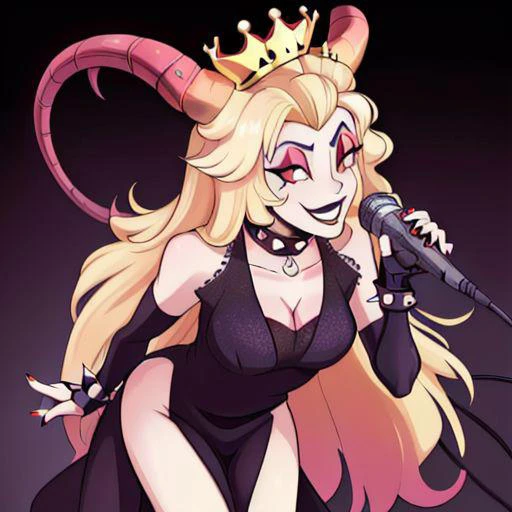 <lyco:MegaMilkV1-20:1.0>,  poseMega, 1girl, breasts, super crown, collar, spiked collar, spiked bracelet, spikes, horns, large breasts, bracelet, crown, ponytail, long hair, smile, jewelry, teeth, nail polish, grin, black_dress, leaning_forward, microphone, holding microphone, singing, stage, neon lights, best quality, masterpiece, highres, red eyes, (Lilith), (grey/gray skin, grey sclera, long blonde hair, white iris, demon horns, makeup)