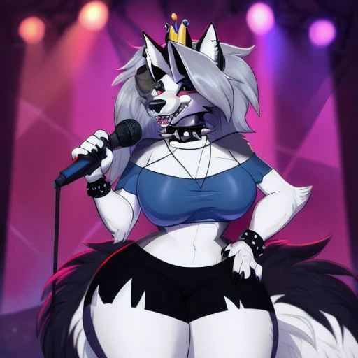 loona, hellhound, loonacroptop, loonashorts, <lyco:MegaMilkV1-20:1.0>, poseMega, 1girl, breasts, super crown, collar, spiked collar, spiked bracelet, spikes, horns, large breasts, bracelet, crown, ponytail, long hair, smile, jewelry, teeth, nail polish, grin, leaning_forward, (thick thighs:1.3), (wide hips:1.4), (large boobs:1.3), microphone, holding microphone, singing, stage, neon lights, best quality, masterpiece, highres,