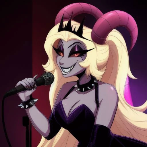 <lyco:MegaMilkV1-20:1.0>, poseMega, 1girl, breasts, super crown, collar, spiked collar, spiked bracelet, spikes, horns, large breasts, bracelet, crown, ponytail, long hair, smile, jewelry, teeth, nail polish, grin, black_dress, leaning_forward, microphone, holding microphone, singing, stage, neon lights, best quality, masterpiece, highres, red eyes, (Lilith), (grey/gray skin, grey sclera, long blonde hair, white iris, demon horns, makeup)