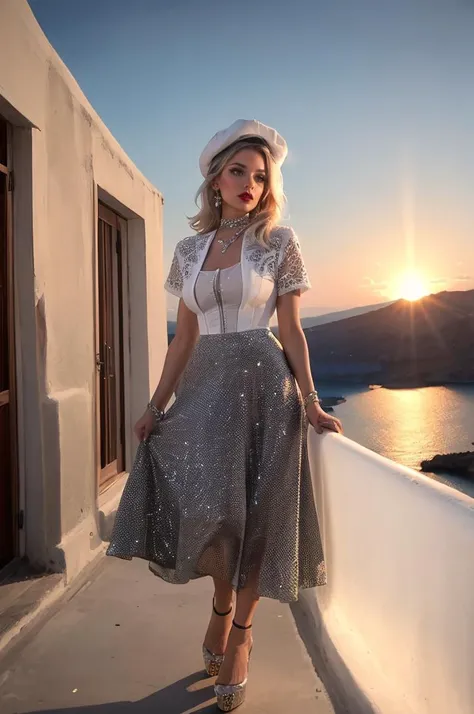 adult beautiful woman, high quality, best quality, highres, high detail, eyeliner, eyeshadow, makeup, black lips Long raven black waves, vintage lace hairpiece, elegant half-up, half-down style [white hair] <lora:Outfit_soph-CrystalCouture:0.7> (ornate trim)  dr3ss, Graphic tee, Culottes, Newsboy cap, Layered chokers see-through, standing, Santorini, Greece, Blue Domes, Sunrise (rim lighting) (backlit), flirting with viewer, (sparkles), full body, platform heels, (corset)