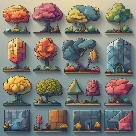 <lora:artfullyDOWNTOWN.IC_SDXL_V1 (1):1>,a set of illustrations of trees and plants on different colored backgrounds, tree collection set in grid format, various flat tree icons in different colors, various images of trees in a graphic style, 2d game art, colored cartoon style, colorful gardens, flat chromatic fields, graphic design-inspired illustrations, in the style of colorful geometric shapes, in the style of cubist landscapes, in the style of cubist shapes and planes, lightbox, sculptural reliefs, rounded shapes, retro filters, rectangular fields, outdoor art, miniature and small-scale paintings, a man holding branches dubbed "world of wonders and creatures", colorful mindscapes, concept art, cryengine, in the style of colorful fantasy, in the style of colorful fantasy realism, in the style of fantastical and imaginative creatures, in the style of highly detailed foliage, inventive character designs, made of flowers