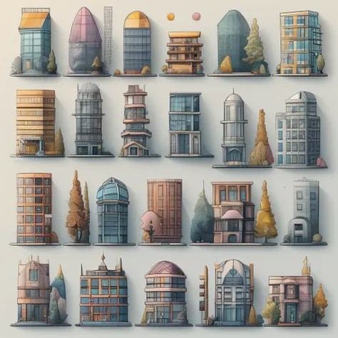 <lora:artfullyDOWNTOWN.IC_SDXL_V1 (1):1>,icon collection of buildngs,geometric,muted tones,pastels,white background,set up in a grid,in the style of beautiful masterpieces,intricate details,character design,best quality,absurd resolution,