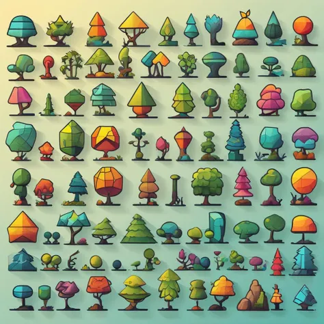 <lora:artfullyDOWNTOWN.IC_SDXL_V1 (1):0.8>,a set of illustrations of trees and plants on different colored backgrounds,tree collection set in grid format,various flat tree icons in different colors,various images of trees in a graphic style,2d game art,colored cartoon style,colorful gardens,flat chromatic fields,graphic design-inspired illustrations,in the style of colorful geometric shapes,in the style of cubist landscapes,in the style of cubist shapes and planes,lightbox,sculptural reliefs,rounded shapes,retro filters,rectangular fields,outdoor art,miniature and small-scale paintings,a man holding branches dubbed "world of wonders and creatures",colorful mindscapes,concept art,cryengine,in the style of colorful fantasy,in the style of colorful fantasy realism,in the style of fantastical and imaginative creatures,in the style of highly detailed foliage,inventive character designs,made of flowers,on parchment,