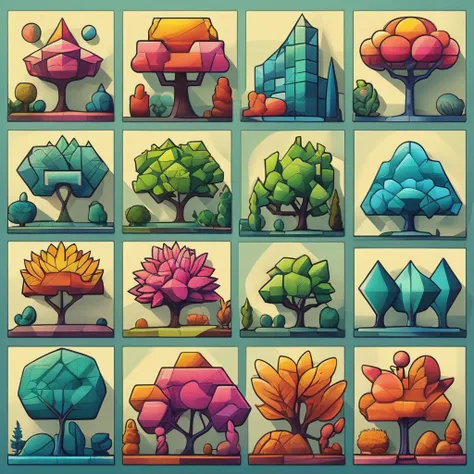 <lora:artfullyDOWNTOWN.IC_SDXL_V1 (1):0.6>,a set of illustrations of trees and plants on different colored backgrounds,tree collection set in grid format,various flat tree icons in different colors,various images of trees in a graphic style,2d game art,colored cartoon style,colorful gardens,flat chromatic fields,graphic design-inspired illustrations,in the style of colorful geometric shapes,in the style of cubist landscapes,in the style of cubist shapes and planes,lightbox,sculptural reliefs,rounded shapes,retro filters,rectangular fields,outdoor art,miniature and small-scale paintings,a man holding branches dubbed "world of wonders and creatures",colorful mindscapes,concept art,cryengine,in the style of colorful fantasy,in the style of colorful fantasy realism,in the style of fantastical and imaginative creatures,in the style of highly detailed foliage,inventive character designs,made of flowers,on parchment,<lora:artfullynenstudi_sdxl_v1:0.4>,