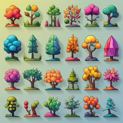 <lora:artfullyDOWNTOWN.IC_SDXL_V1 (1):0.6>,a set of illustrations of trees and plants on different colored backgrounds,tree collection set in grid format,various flat tree icons in different colors,various images of trees in a graphic style,2d game art,colored cartoon style,colorful gardens,flat chromatic fields,graphic design-inspired illustrations,in the style of colorful geometric shapes,in the style of cubist landscapes,in the style of cubist shapes and planes,lightbox,sculptural reliefs,rounded shapes,retro filters,rectangular fields,outdoor art,miniature and small-scale paintings,a man holding branches dubbed "world of wonders and creatures",colorful mindscapes,concept art,cryengine,in the style of colorful fantasy,in the style of colorful fantasy realism,in the style of fantastical and imaginative creatures,in the style of highly detailed foliage,inventive character designs,made of flowers,on parchment,<lora:artfullynenstudi_sdxl_v1:0.4>,