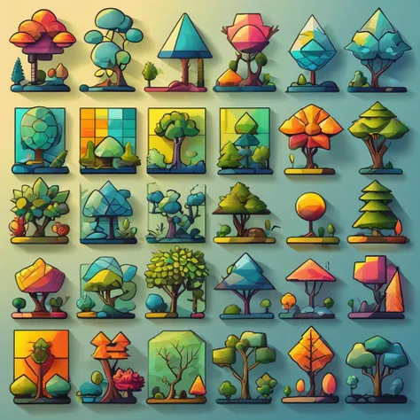 <lora:artfullyDOWNTOWN.IC_SDXL_V1 (1):0.8>,a set of illustrations of trees and plants on different colored backgrounds,tree collection set in grid format,various flat tree icons in different colors,various images of trees in a graphic style,2d game art,colored cartoon style,colorful gardens,flat chromatic fields,graphic design-inspired illustrations,in the style of colorful geometric shapes,in the style of cubist landscapes,in the style of cubist shapes and planes,lightbox,sculptural reliefs,rounded shapes,retro filters,rectangular fields,outdoor art,miniature and small-scale paintings,a man holding branches dubbed "world of wonders and creatures",colorful mindscapes,concept art,cryengine,in the style of colorful fantasy,in the style of colorful fantasy realism,in the style of fantastical and imaginative creatures,in the style of highly detailed foliage,inventive character designs,made of flowers,on parchment,