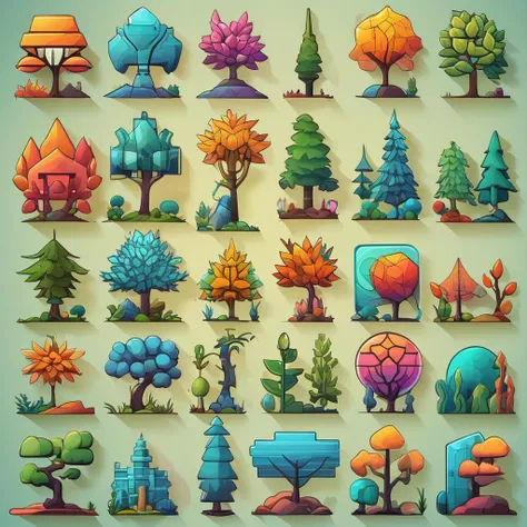 <lora:artfullyDOWNTOWN.IC_SDXL_V1 (1):0.6>,a set of illustrations of trees and plants on different colored backgrounds,tree collection set in grid format,various flat tree icons in different colors,various images of trees in a graphic style,2d game art,colored cartoon style,colorful gardens,flat chromatic fields,graphic design-inspired illustrations,in the style of colorful geometric shapes,in the style of cubist landscapes,in the style of cubist shapes and planes,lightbox,sculptural reliefs,rounded shapes,retro filters,rectangular fields,outdoor art,miniature and small-scale paintings,a man holding branches dubbed "world of wonders and creatures",colorful mindscapes,concept art,cryengine,in the style of colorful fantasy,in the style of colorful fantasy realism,in the style of fantastical and imaginative creatures,in the style of highly detailed foliage,inventive character designs,made of flowers,on parchment,<lora:artfullynenstudi_sdxl_v1:0.4>,