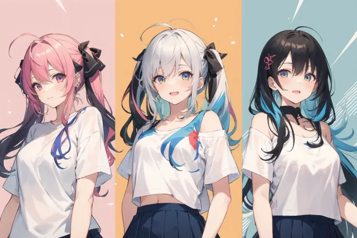 3girls, multiple girls, upper body, casual clothes, pleated skirt, t-shirt, twintails, long hair, column lineup, multicolored background, bare shoulders, happy, colorful