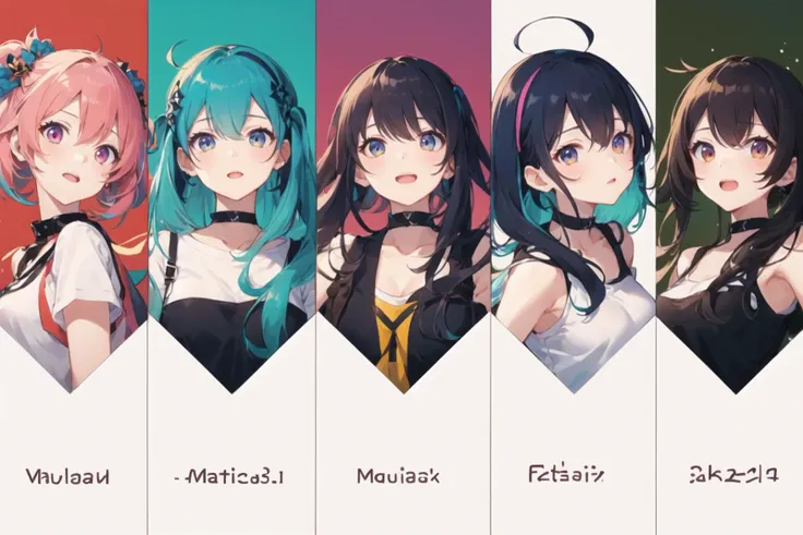 4girls, multiple girls, upper body, casual clothes, pleated skirt, t-shirt, twintails, long hair, column lineup, multicolored background, bare shoulders, happy, colorful, character name