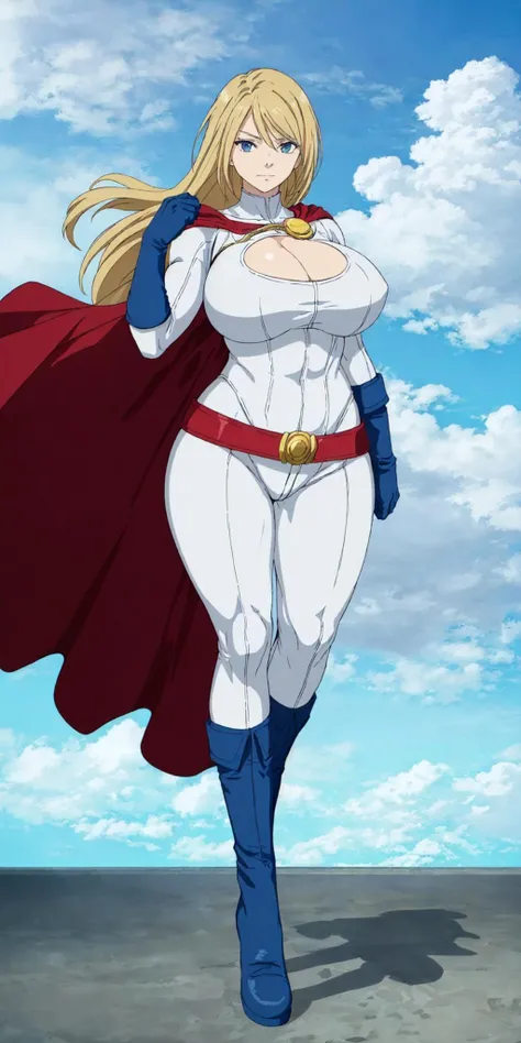 masterpiece, high quality, best quality, 1girl, solo, (muscular female:1.0), (super gigantic breasts:1.0), (closed mouth, half smile), powergirl, boob window, white bodysuit, blue eyes, blonde hair, long hair, belt, cape, blue gloves, blue boots, anime screencap, anime key visual, (fully clothed:1.0), full body <lora:powergirl:0.80>