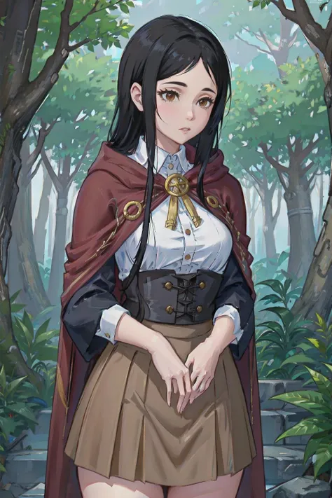 (Masterpiece:1.2), (best quality:1.2), intricate details, ultra detailed, 1girl, <lora:SebarytStyleMix-v1.0:0.9>, black hair, brown eyes, cloak, skirt, forest, trees,