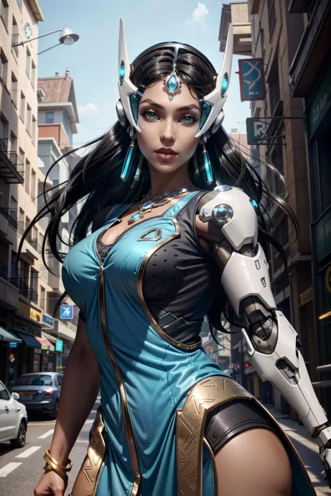 (masterpiece, best quality:1.3)
<lora:epi_noiseoffset2:1> <lora:add_detail:0.7> <lora:OverwatchSymetra:0.8>
OverwatchSymetra, 1girl, solo, long hair, breasts, looking at viewer, blue eyes, large breasts, black hair, dress, jewelry, upper body, earrings, parted lips, dark skin, necklace, dark-skinned female, lips, makeup, blue dress, headgear, lipstick, mechanical arms, tinted eyewear, forehead jewel, cyborg, single mechanical arm, hologram