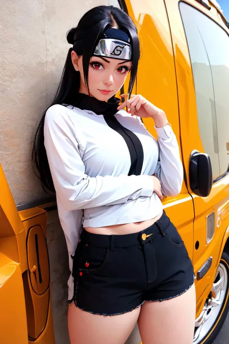 Highly detailed, High Quality, Masterpiece, beautiful, NarutoHeadband, <lora:NarutoHeadband:1>, 1girl, solo, cowboy shot, black hair, red eyes, long hair, shirt, white shirt, shorts, short shorts, black shorts