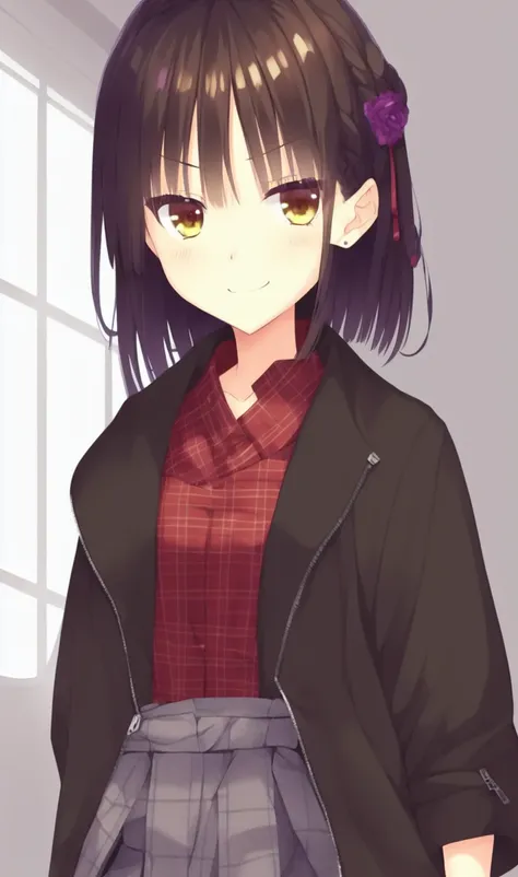 (hires), ((Natsume 1girl)), (brown checked shirt, brown shirt), black coat, (black coat with zip), dark hair, full body, smiling, dynamic pose, (official art, sharp focus, highly detailed, 8k high quality, shiny hair, highly detailed eyes)