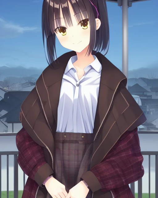 hires, ((Natsume 1girl)), ((brown checked shirt)), black coat, (coat with zip), dark hair, black hair, shorts, full body, smiling, solo, (dynamic pose),
official art, sharp focus, highly detailed, 8k high quality, shiny hair, highly detailed eyes