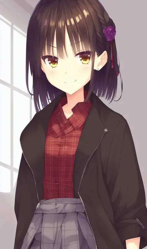 (hires), ((Natsume 1girl)), (brown checked shirt, brown shirt), black coat, (black coat with zip), dark hair, full body, smiling, dynamic pose, (official art, sharp focus, highly detailed, 8k high quality, shiny hair, highly detailed eyes)