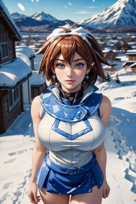 (masterpiece:1.2),( high quality:1.1),[anime style:realistic:25]
<lora:makuradajunko-nvwls-v1:0.8>makurada junko, turtleneck, white vest, sleeveless, high collar, belt, blue miniskirt, frostfall summit, snow-covered peaks, biting winds, realm of ice and snow ,blurry background,,(looking at viewer, standing, from above:1.1),, huge breast, large breast,<lora:add_detail:0.97>,
(glow in the dark:1.1),