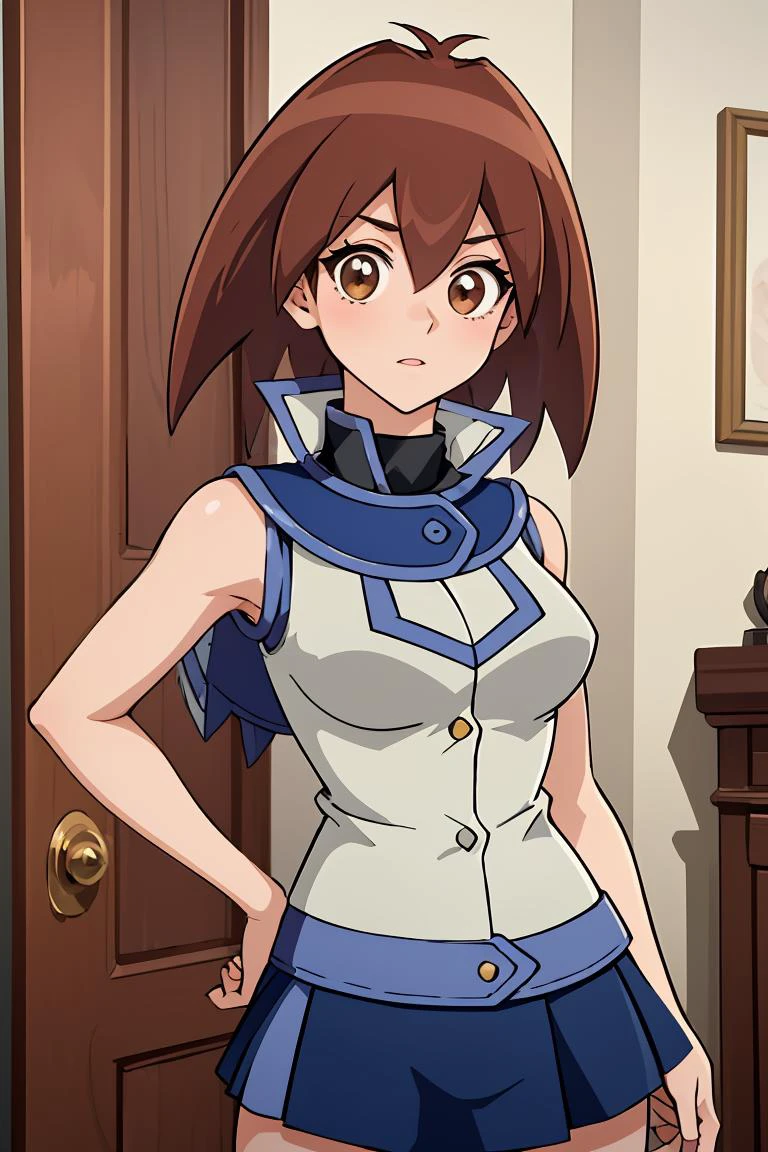 (masterpiece, best quality), 1girl, <lora:makuradajunko-nvwls-v1:1> makurada junko, turtleneck, white vest, sleeveless, high collar, belt, blue miniskirt