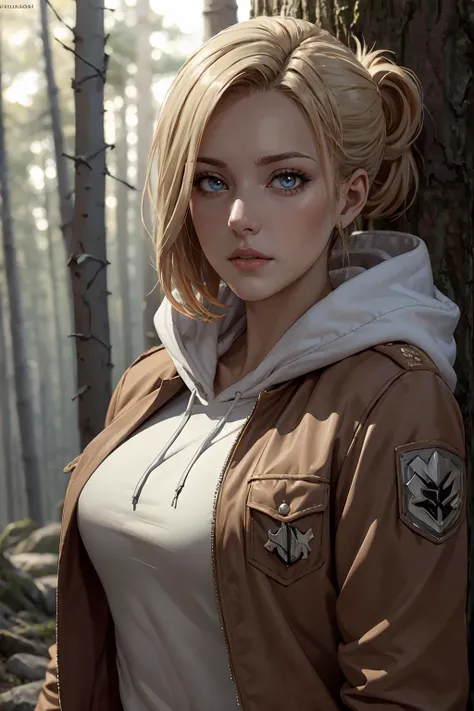 masterpiece, best quality, ultra-detailed, annie_leonhardt, 1girl, milf, mature face, thick, solo, long sleeves, jacket, open clothes, hood, open jacket, hoodie, hood down, brown jacket, white hoodie, paradis military uniform, forest background, volumetric lighting, intricate details, tonemapping, sharp focus, hyper detailed, trending on Artstation <lora:Annie:0.5>