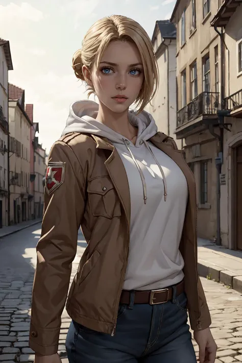 masterpiece, best quality, ultra-detailed, annie_leonhardt, 1girl, milf, mature face, thick, solo, long sleeves, jacket, open clothes, hood, open jacket, hoodie, hood down, brown jacket, white hoodie, paradis military uniform, europe town background, volumetric lighting, intricate details, tonemapping, sharp focus, hyper detailed, trending on Artstation <lora:Annie:0.5>