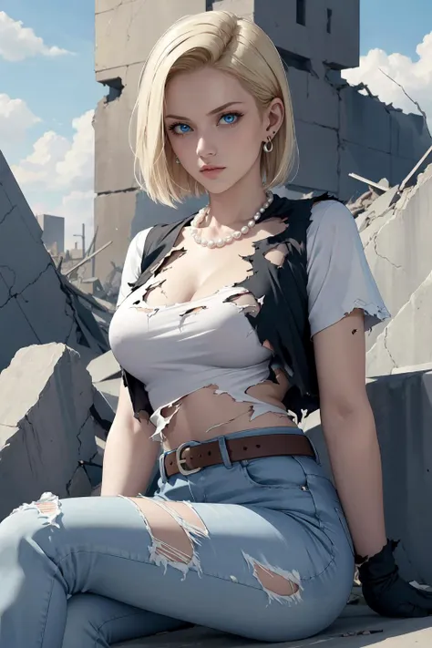 best quality, highres, and18, 1girl, android 18, solo, blonde hair, blue eyes, belt, jeans, pearl_necklace, bracelet, black gloves, white shirt, short hair, short sleeves, earrings, blue pants, open vest, black vest, large breasts, <lora:android_18_v110:0.5>, (ruins:1.3), (torn clothes:1.5), sitting, expressionless, crossed legs,