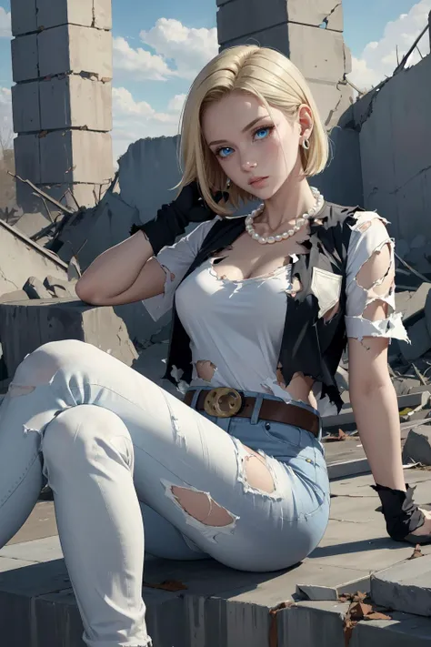 best quality, highres, and18, 1girl, android 18, solo, blonde hair, blue eyes, belt, jeans, pearl_necklace, bracelet, black gloves, white shirt, short hair, short sleeves, earrings, blue pants, open vest, black vest, large breasts, <lora:android_18_v110:0.5>, (ruins:1.3), (torn clothes:1.5), sitting, expressionless, crossed legs,