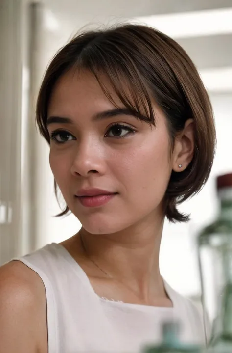 analog film photo solo, realistic, ((indonesian woman)), (((Flaunting Pixie Cut Haircut))), (((sobbing))), (((Wearing a Sleeveless Tunic))), ((Inside a 1950s Science Lab: Scientists in white, colored liquids in beakers)), ((dynamic pose)), <lora:PAseer-SD15-LCM Quick:1> <lora:real_skin:.2> skin <lora:MStyle_-_Photography_Style:.6> <lora:Vior:0.8> . faded film, desaturated, 35mm photo, grainy, vignette, vintage, Kodachrome, Lomography, stained, highly detailed, found footage